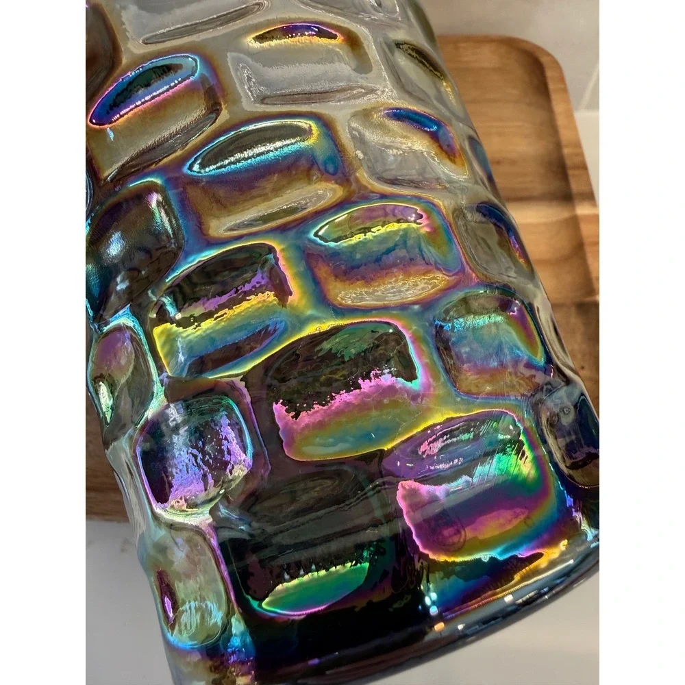 Iridescent Carnival Glass Vase Honeycomb Block Optic Scalloped Rim Smoke Luster‎